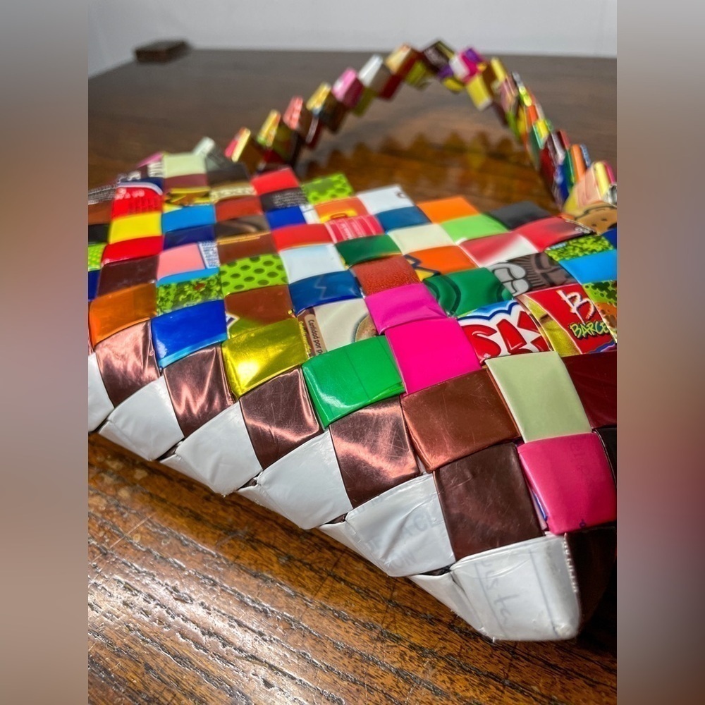 Colorful Candy Wrapper Woven Purse | Eco-Friendly Handmade Shoulder Bag - Picture 4 of 13